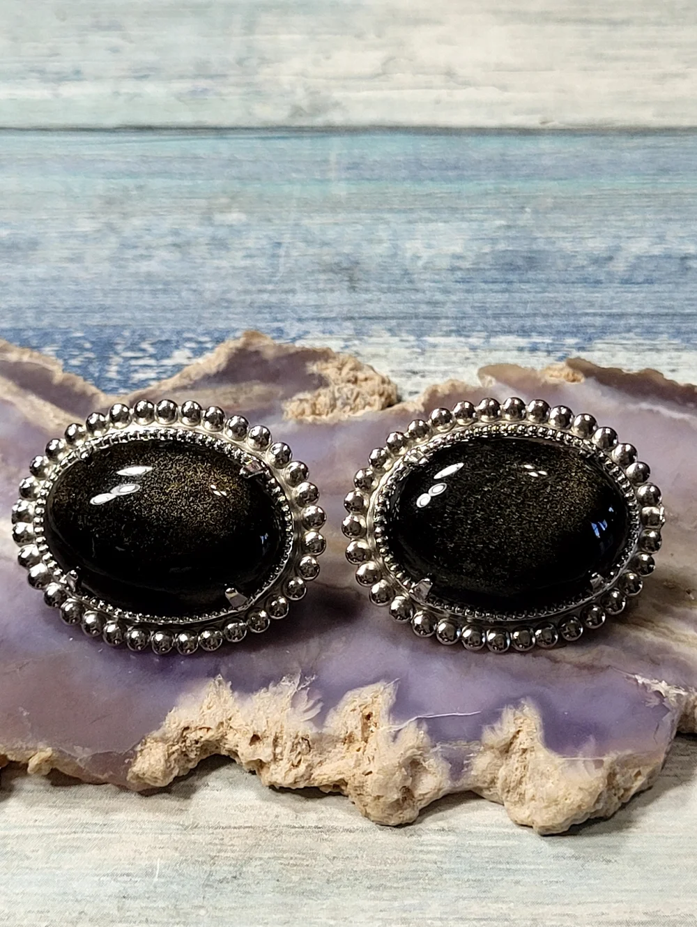 Gold Sheen Obsidian Oval Cufflinks with Silver Frame
